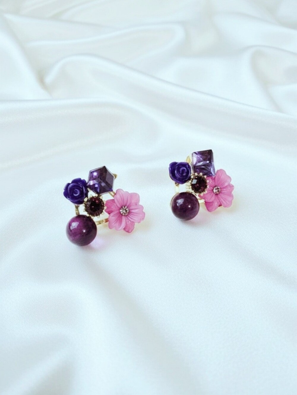 Floral Purple & Lavender‎ Crystal Cluster Stud Earrings